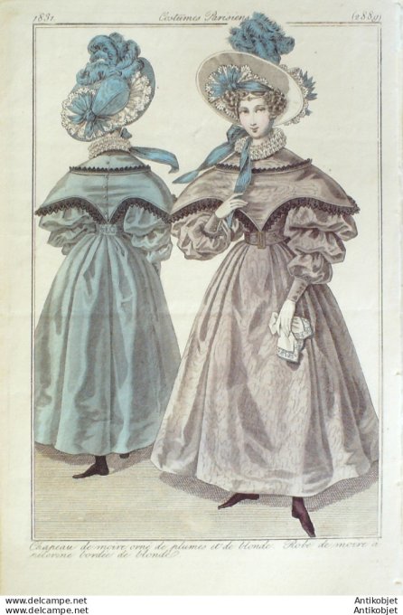 Gravure de mode Costume Parisien 1831 n°2889 Robe de moire à Pélerine