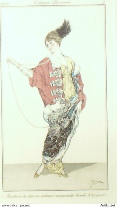 Gravure de mode Costume Parisien 1912 pl.04 DRIAN Etienne Manteau de velours