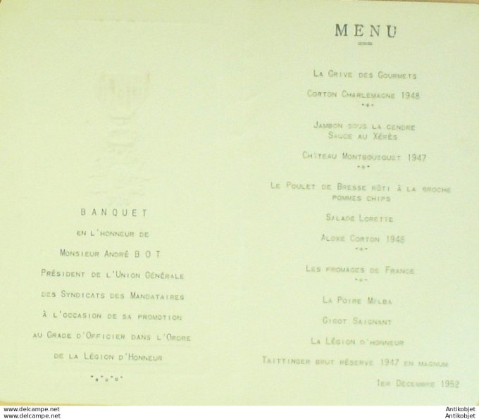 Menu banquet illustré André Biot Offier ordre légion d'honneur 1952