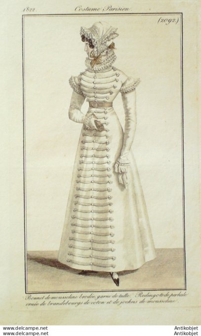 Gravure de mode Costume Parisien 1822 n°2092 Redingote perkale et brandebourgs