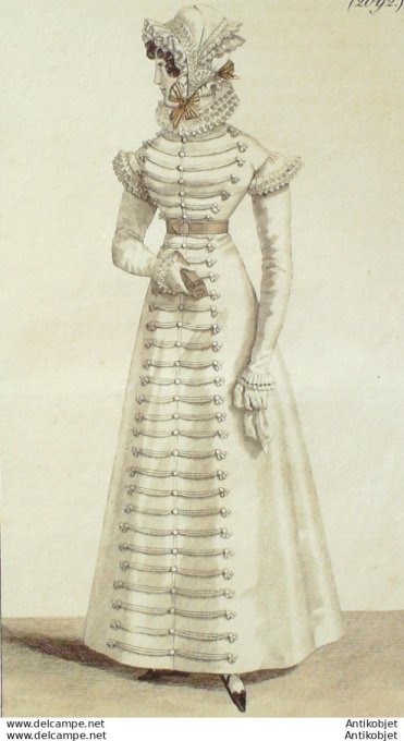 Gravure de mode Costume Parisien 1822 n°2092 Redingote perkale et brandebourgs