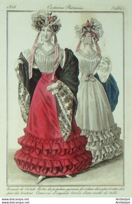 Gravure de mode Costume Parisien 1826 n°2464 Robes de popeline & volanc
