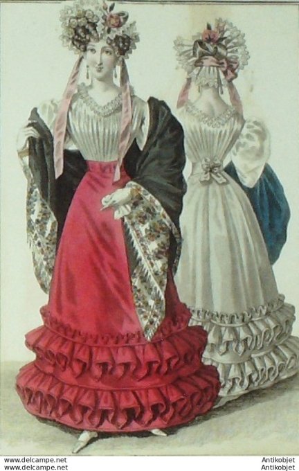 Gravure de mode Costume Parisien 1826 n°2464 Robes de popeline & volanc
