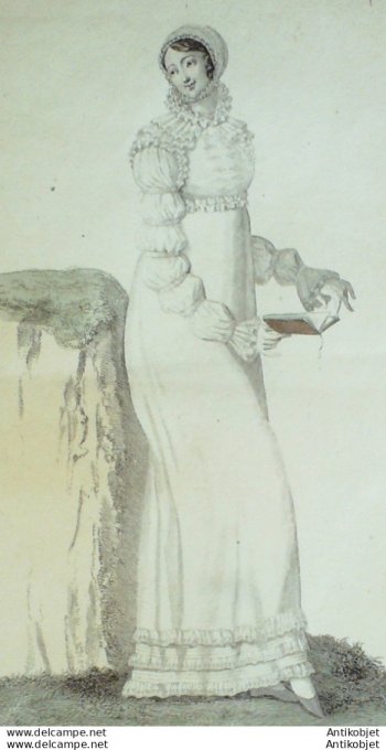 Gravure de mode Costume Parisien 1809 n°1017 Cornette de remplis de Perkale