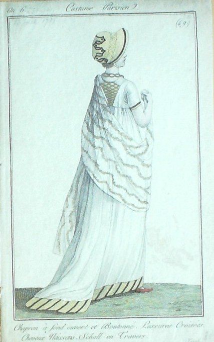 Gravure Mode Costume Parisien 1797 an  6 #  49 (eau forte old Fashion plate