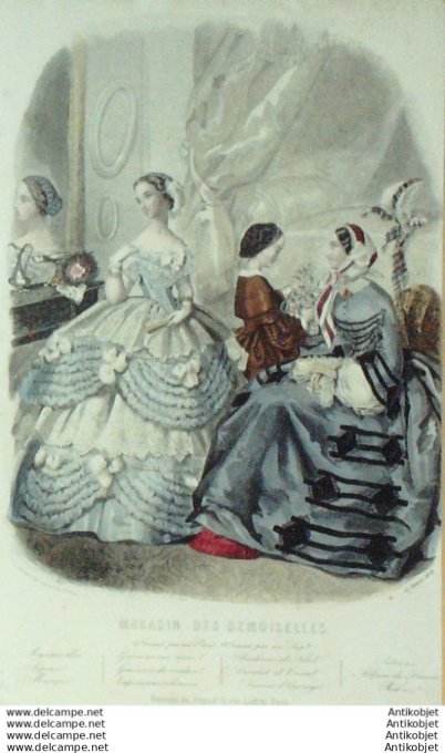 Gravure Mode Magasin Demoiselles 1858 #  1 (aquarellee Old Fashion plate)