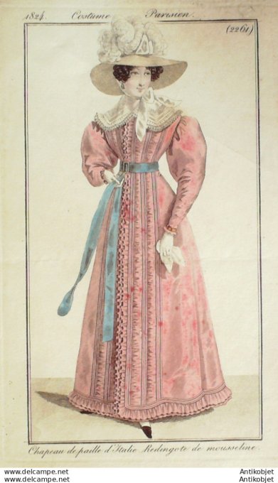 Gravure de mode Costume Parisien 1824 n°2261 Redingote mousseline chapeau d'Italie