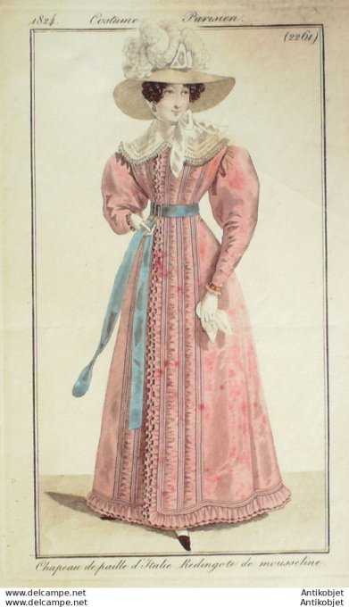 Costume Parisien 1824 # 2261 Redingote mousseline chapeau d'Italie