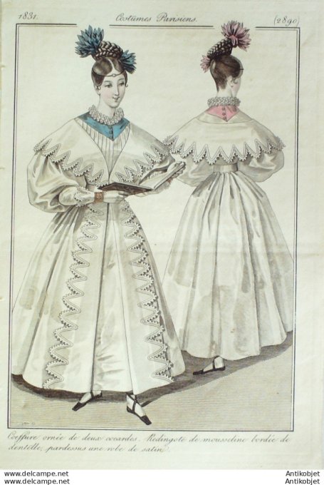 Gravure de mode Costume Parisien 1831 n°2890 Redingote de mousseline bordée