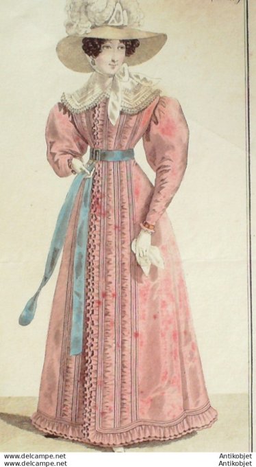Gravure de mode Costume Parisien 1824 n°2261 Redingote mousseline chapeau d'Italie