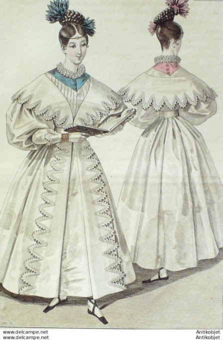 Gravure de mode Costume Parisien 1831 n°2890 Redingote de mousseline bordée
