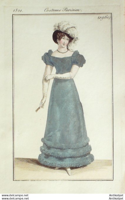 Gravure de mode Costume Parisien 1821 n°1961 Robe velours garnie de plumes