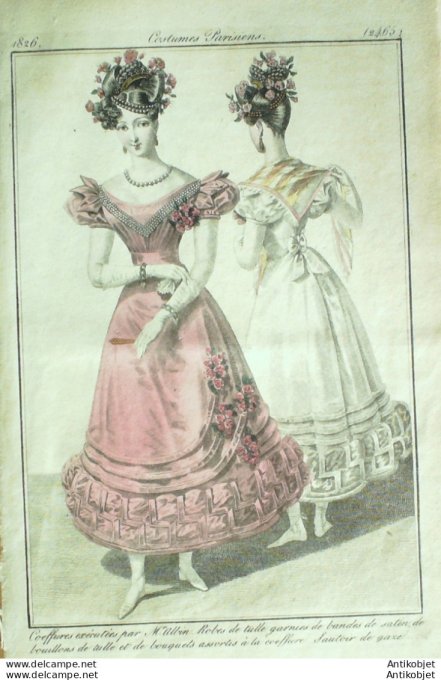 Gravure de mode Costume Parisien 1826 n°2465 Robes de tulle bandes de satin