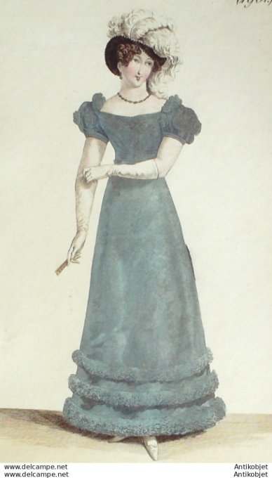 Gravure de mode Costume Parisien 1821 n°1961 Robe velours garnie de plumes