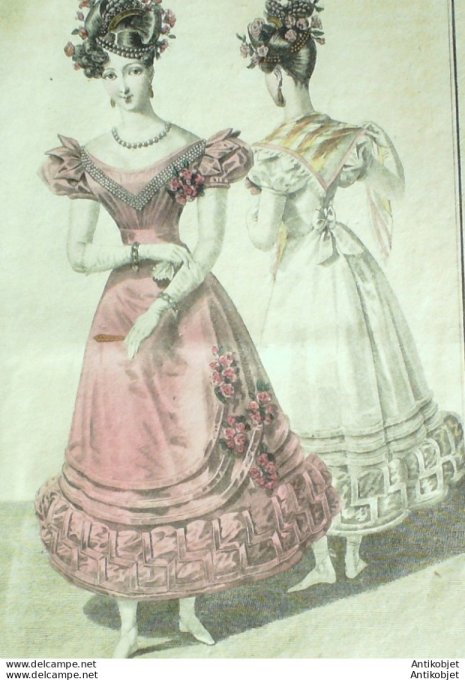 Gravure de mode Costume Parisien 1826 n°2465 Robes de tulle bandes de satin