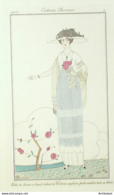Gravure de mode Costume Parisien 1912 pl.05 MARTIN Charles Robe de linon
