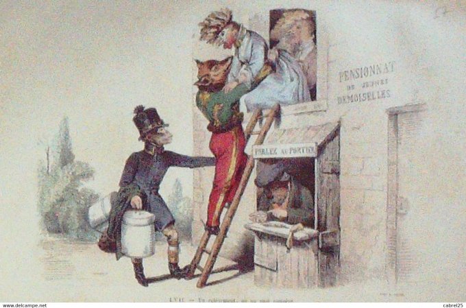 Grandville "Les Métamorphoses du jour" LVII Singe Renard Coq 1847