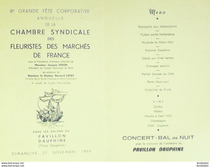 Menu banquet illustré Pavillon Dauphine (Chambre syndicale des fleuristes) 1955