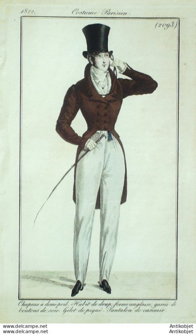 Gravure de mode Costume Parisien 1822 n°2093 Habit de drap homme canne anglaise