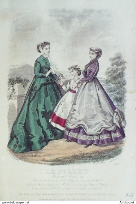 Gravure Mode Le Follet 1867 # 2583 (aquarelle Old Fashion plate)