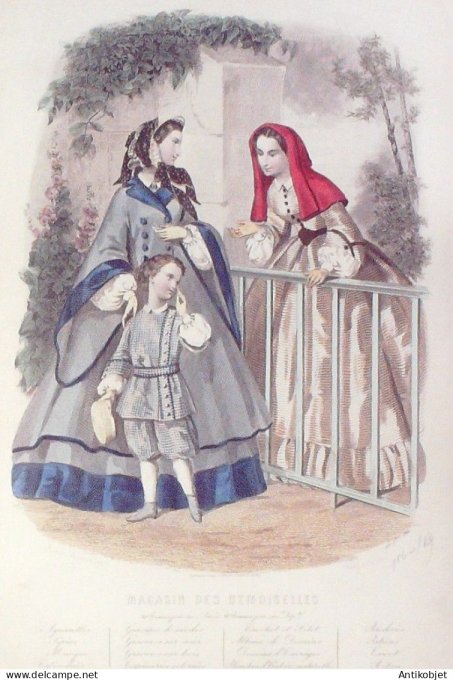 Gravure Mode Magasin Demoiselles 1860 #  8 (aquarellee Old Fashion plate)