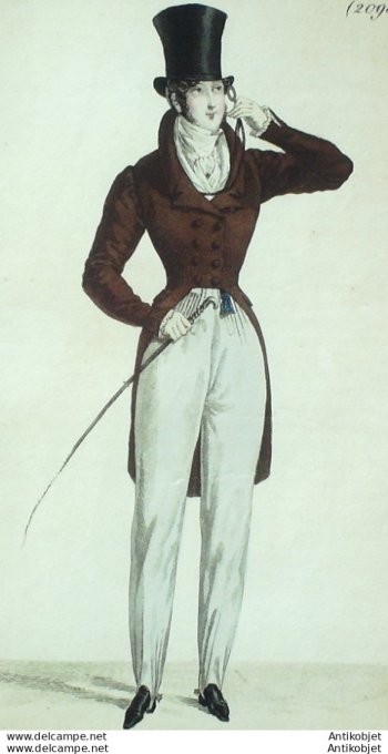 Gravure de mode Costume Parisien 1822 n°2093 Habit de drap homme canne anglaise