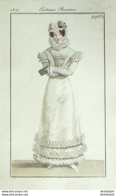 Gravure de mode Costume Parisien 1821 n°1963 Robe de satin garnie de blonde