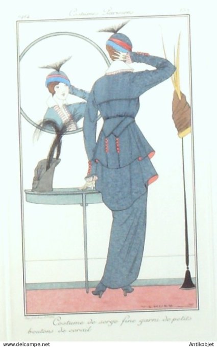 Gravure de mode Costume Parisien 1914 pl.157 LHUER Victor Costume de serge