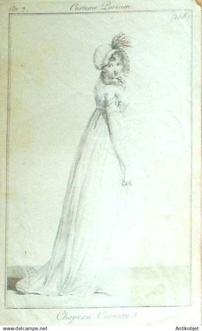 Costume Parisien 1799 an 7 #158b (eau forte) Chapeau Cornette