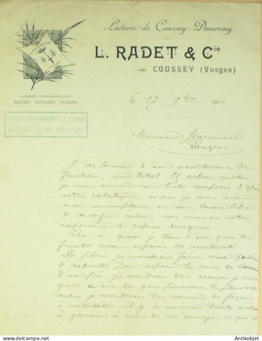 Lettre Ciale L.Radet (Laiterie) 1900 Coussey-Domremy (88)