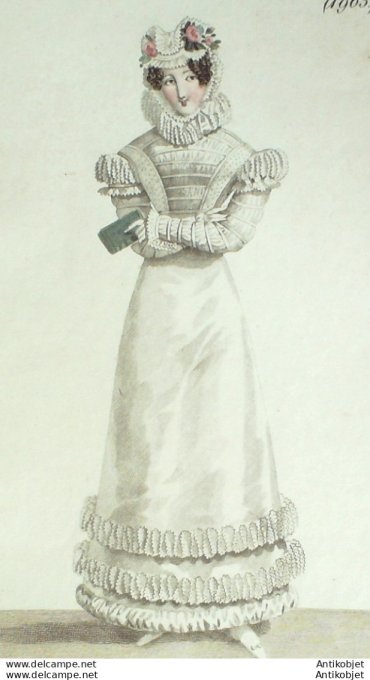 Gravure de mode Costume Parisien 1821 n°1963 Robe de satin garnie de blonde