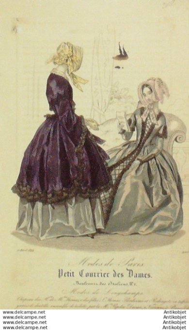 Gravure Mode Courrier des Dames 1844 # 2002 (eau forte old Fashion plate)