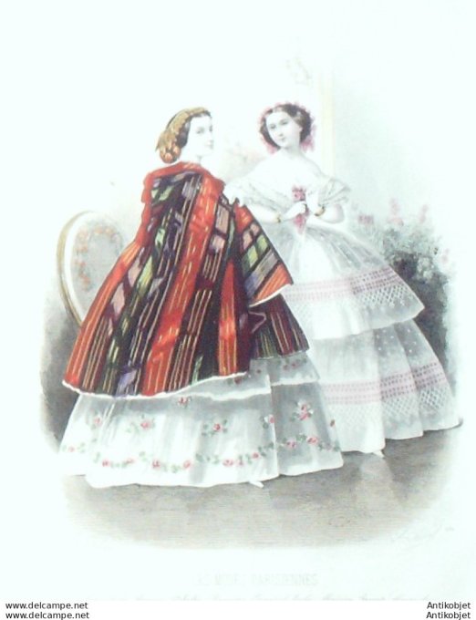 Gravure Les Modes Parisiennes 1854 # 731 Robes de promeande Maison Delisle