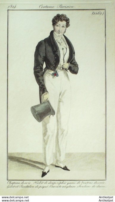 Gravure de mode Costume Parisien 1824 n°2262 Habit homme en zéphir gilet