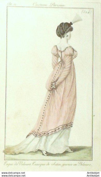 Gravure de mode Costume Parisien 1804 n° 524 (An 12) Tunique de satin toque