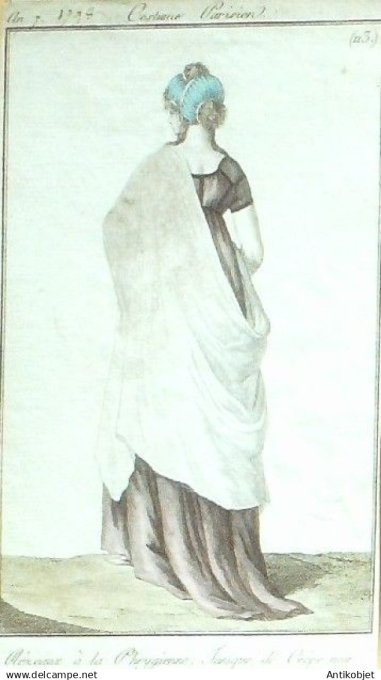 Costume Parisien 1798 an 7 #113 (eau forte) Réseaux à  la Phrygienne Tunique de crêpe