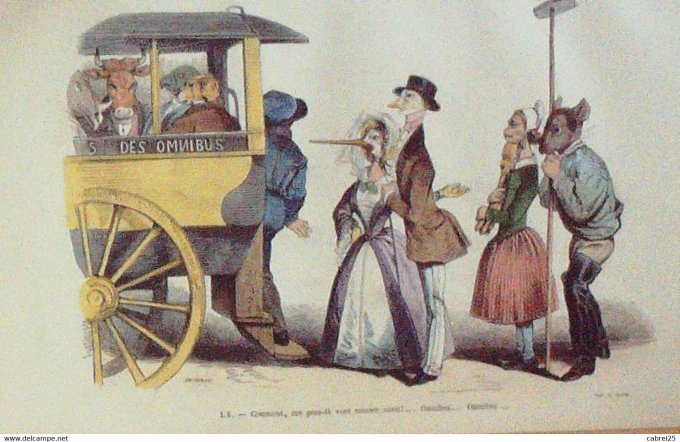 Grandville "Les Métamorphoses du jour" LX Boeuf Chien Canard 1847