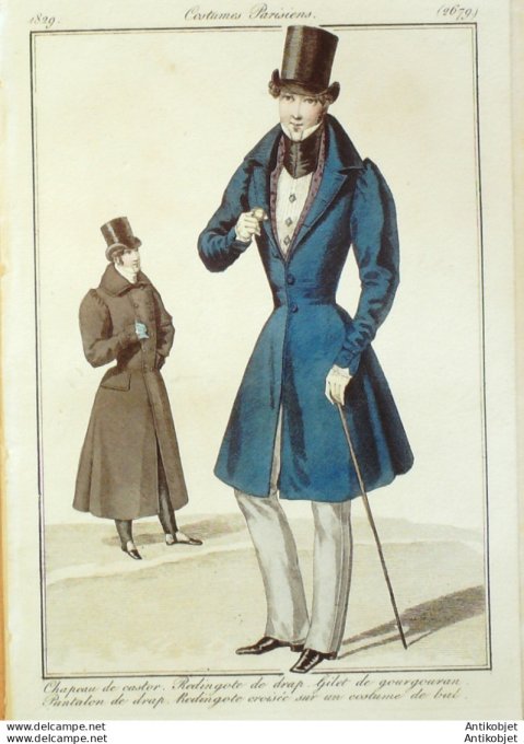 Gravure de mode Costume Parisien 1829 n°2679 Redingote homme gilet gourgouran