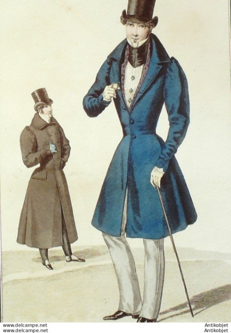 Gravure de mode Costume Parisien 1829 n°2679 Redingote homme gilet gourgouran