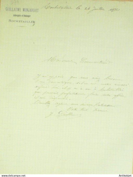 Lettre Ciale Guillaume Monjardet (Boulanger Auberge) 1872 Rochetaillée (52)