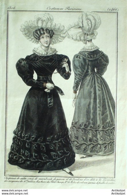 Gravure de mode Costume Parisien 1826 n°2466 Robes de velours garnies