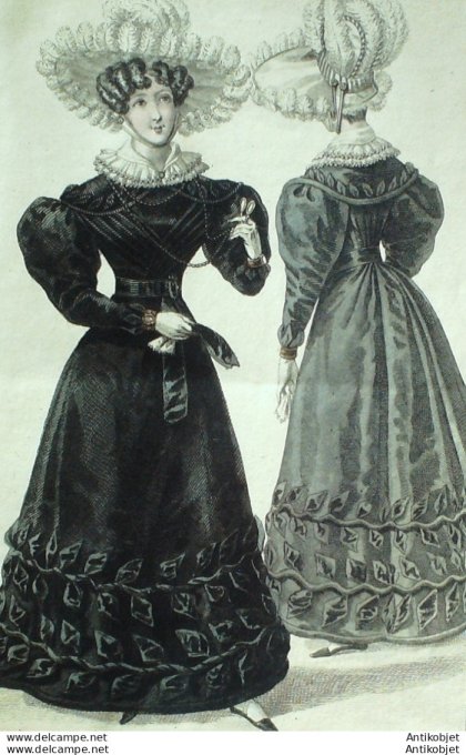 Gravure de mode Costume Parisien 1826 n°2466 Robes de velours garnies