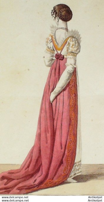 Gravure de mode Costume Parisien 1809 n°1022 Robe & manteau de Cour