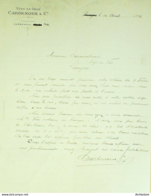 Lettre Ciale Cardenoux Cie (Grossiste vins) 1893 à Tarragone Espagne