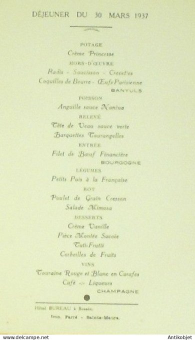 Menu illustre de noce Hôtel Bureau à Bossee (37) 1937
