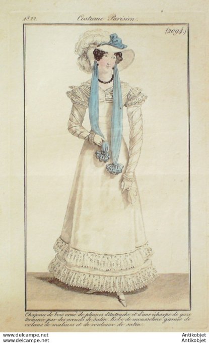 Gravure de mode Costume Parisien 1822 n°2094 Robe mousseline volants matines