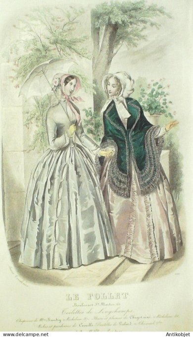 Gravure Mode Le Follet 1849 # 1526 (aquarelle Old Fashion plate)