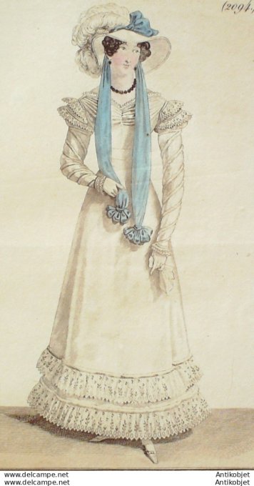 Gravure de mode Costume Parisien 1822 n°2094 Robe mousseline volants matines