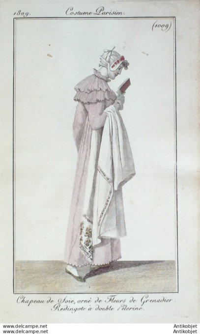 Gravure de mode Costume Parisien 1809 n°1009 Redingote à double pélerine