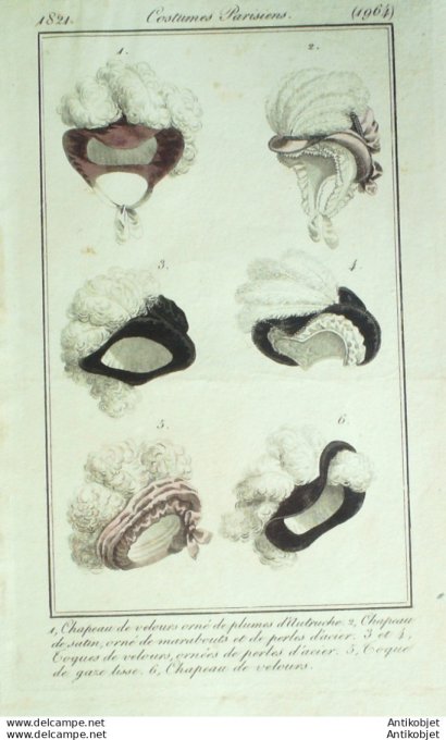 Costume Parisien 1821 # 1964 Chapeaus toques velours marabouts
